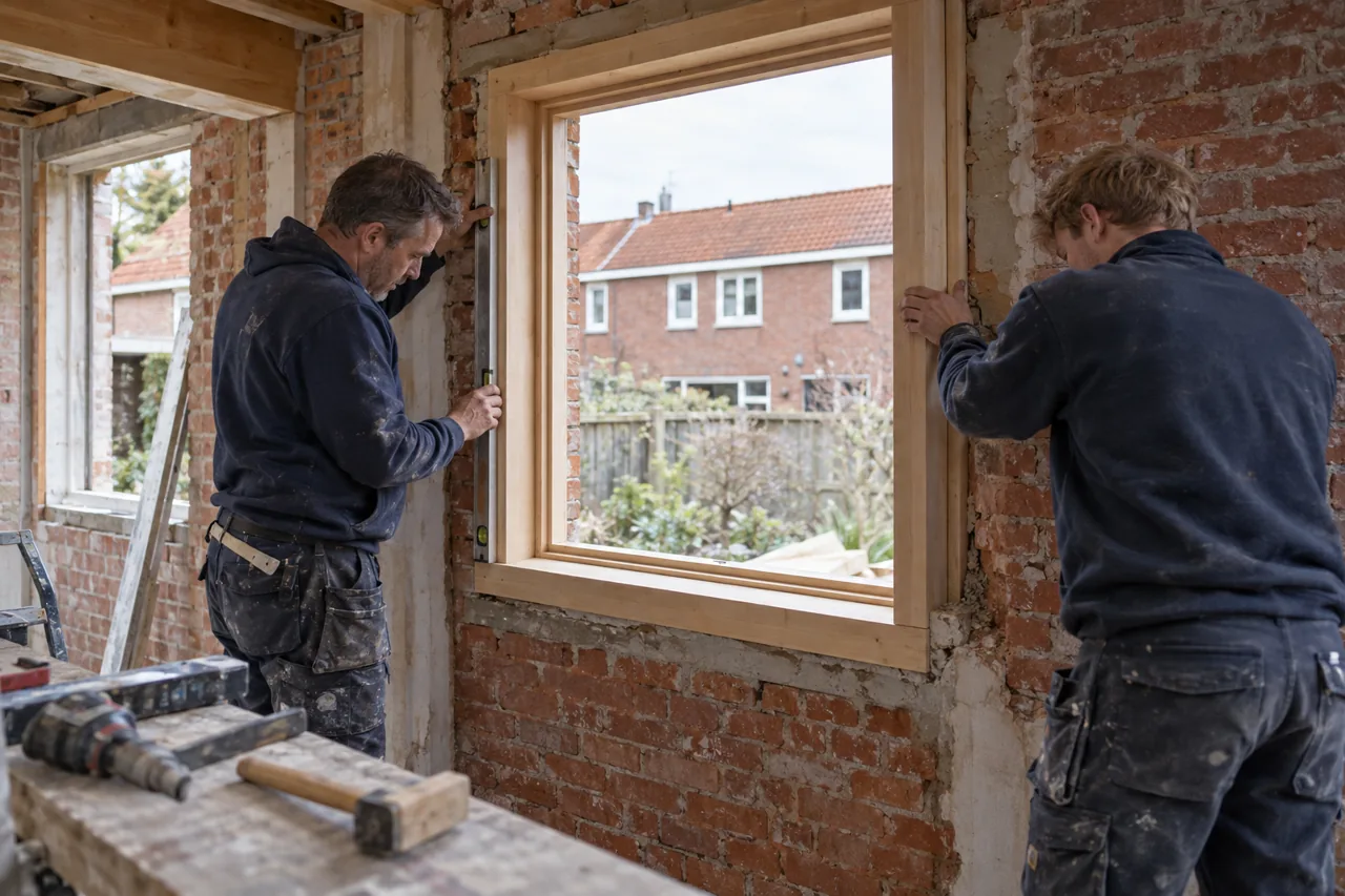 Twee vakmensen werken aan een kozijn in een gemetselde Belgische aanbouw