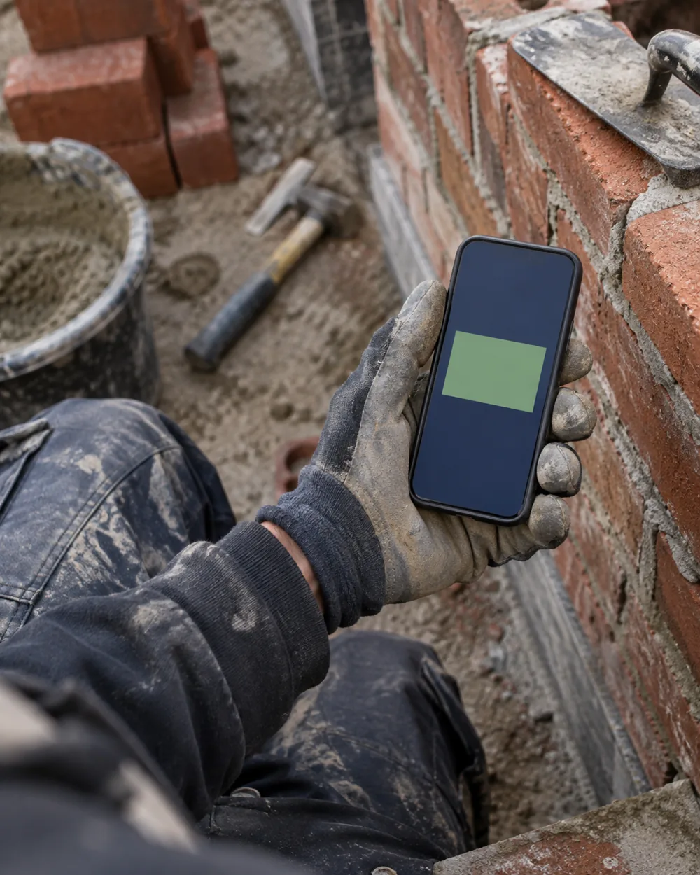 Stoffige werkhandschoen houdt een telefoon vast op een bouwplaats