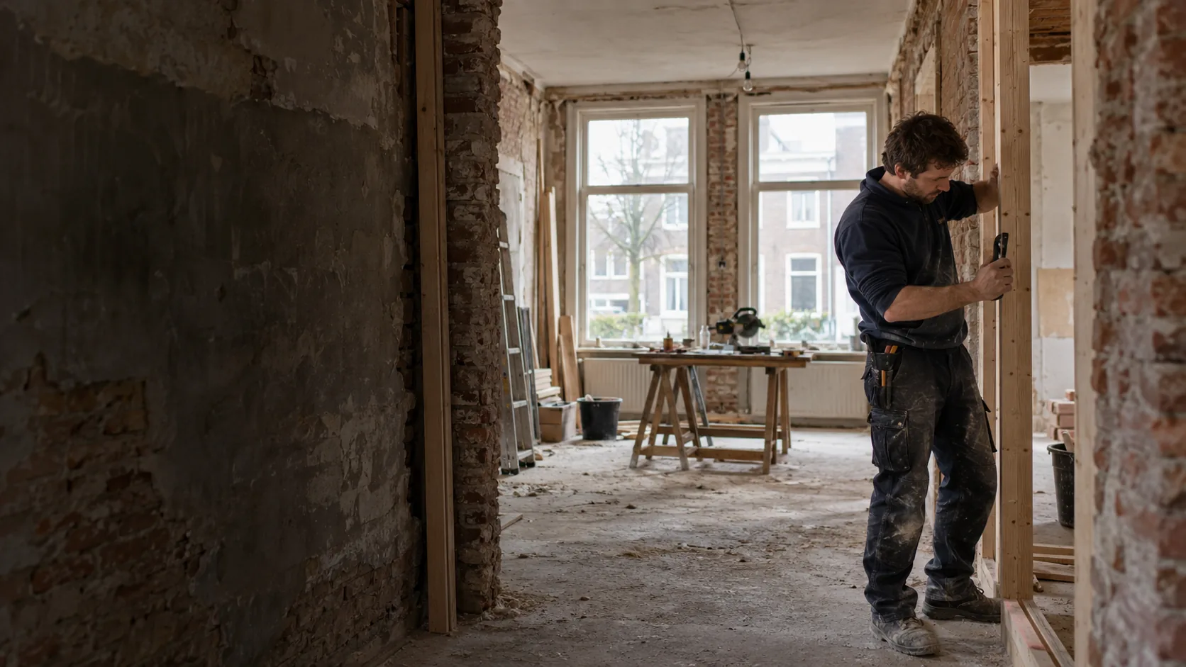 Timmerman aan het werk in een Belgische woning in verbouwing